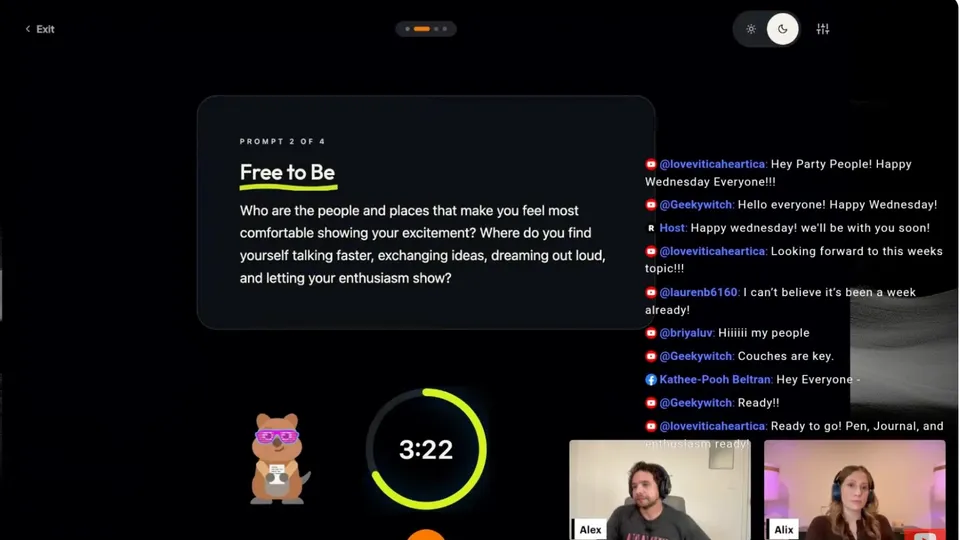 Alex and Alix hosting Journal Party LIVE on YouTube, with a prompt on screen and the chat beside it