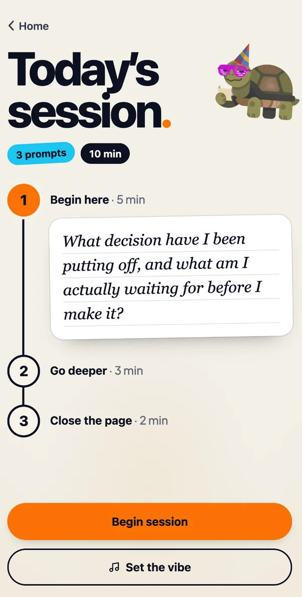 Today's session in Journal Party: three prompts with times, the first prompt open, and a Begin session button